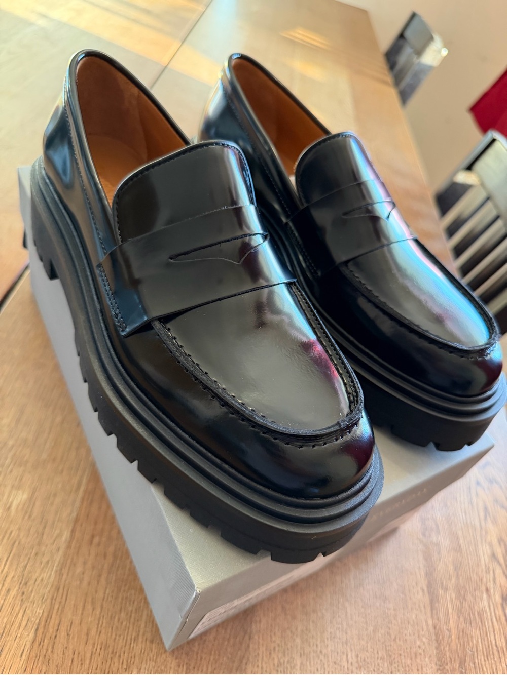 Thursday Boot Company Black Patent Lug-Sole Penny Loafers